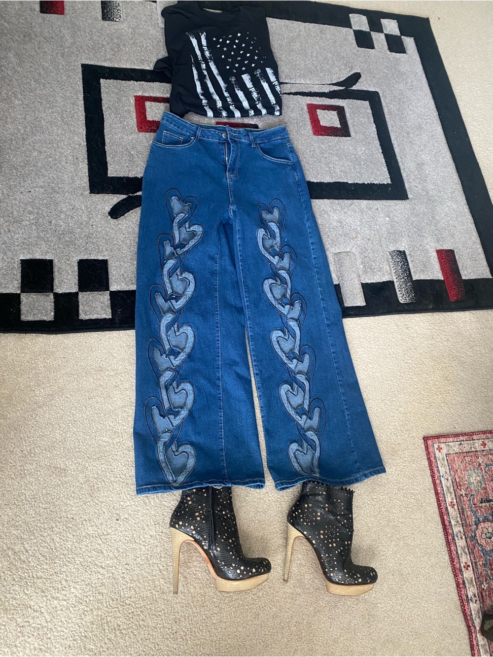 Blue Embroidered Wide-Leg Women's Jeans
